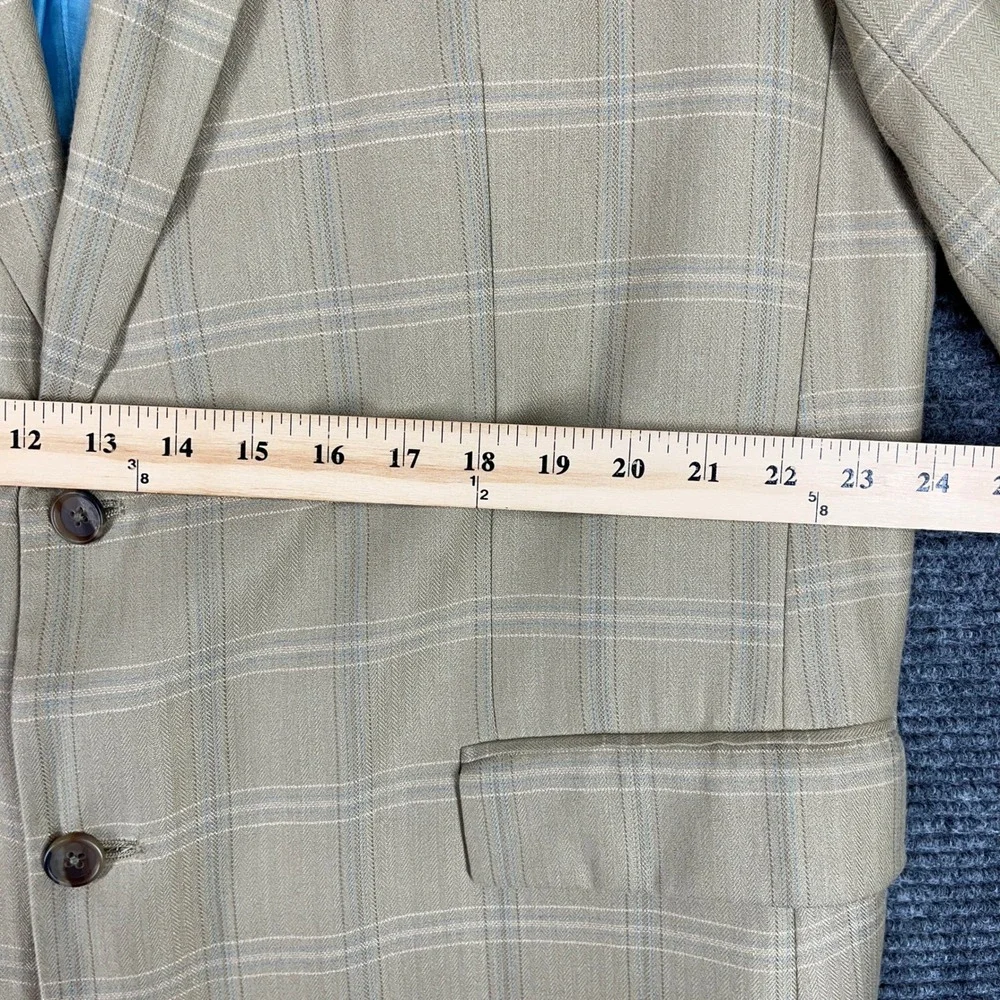 Alan Flusser Worsted Wool‎ Bamboo Plaid Blazer Sport Coat Tan Blue 46L Mens